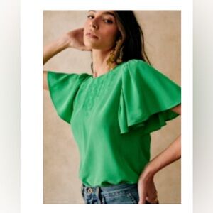 Sezane Green Flutter Sleeve Ruffled Blouse